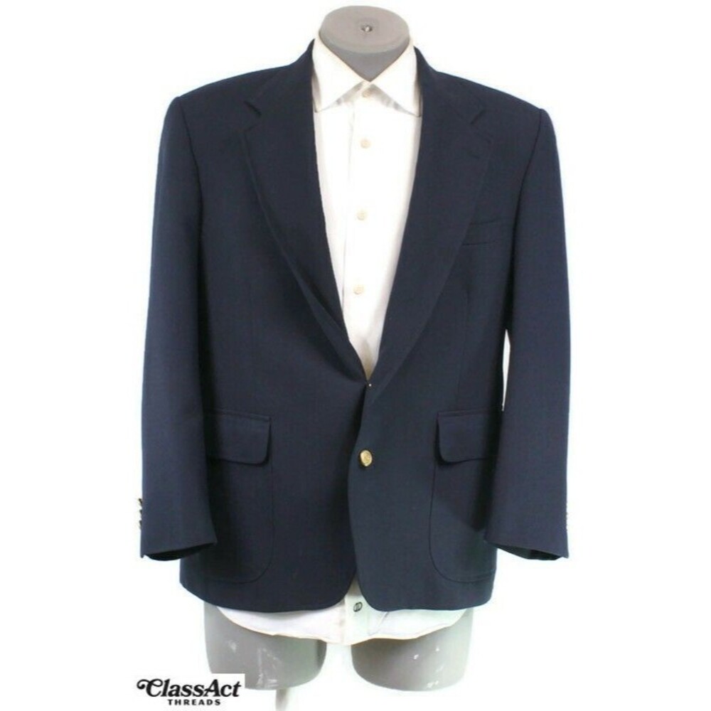 Stafford Blazer Mens Navy Blue 2 Gold Button Wool Blend Preppy 42S